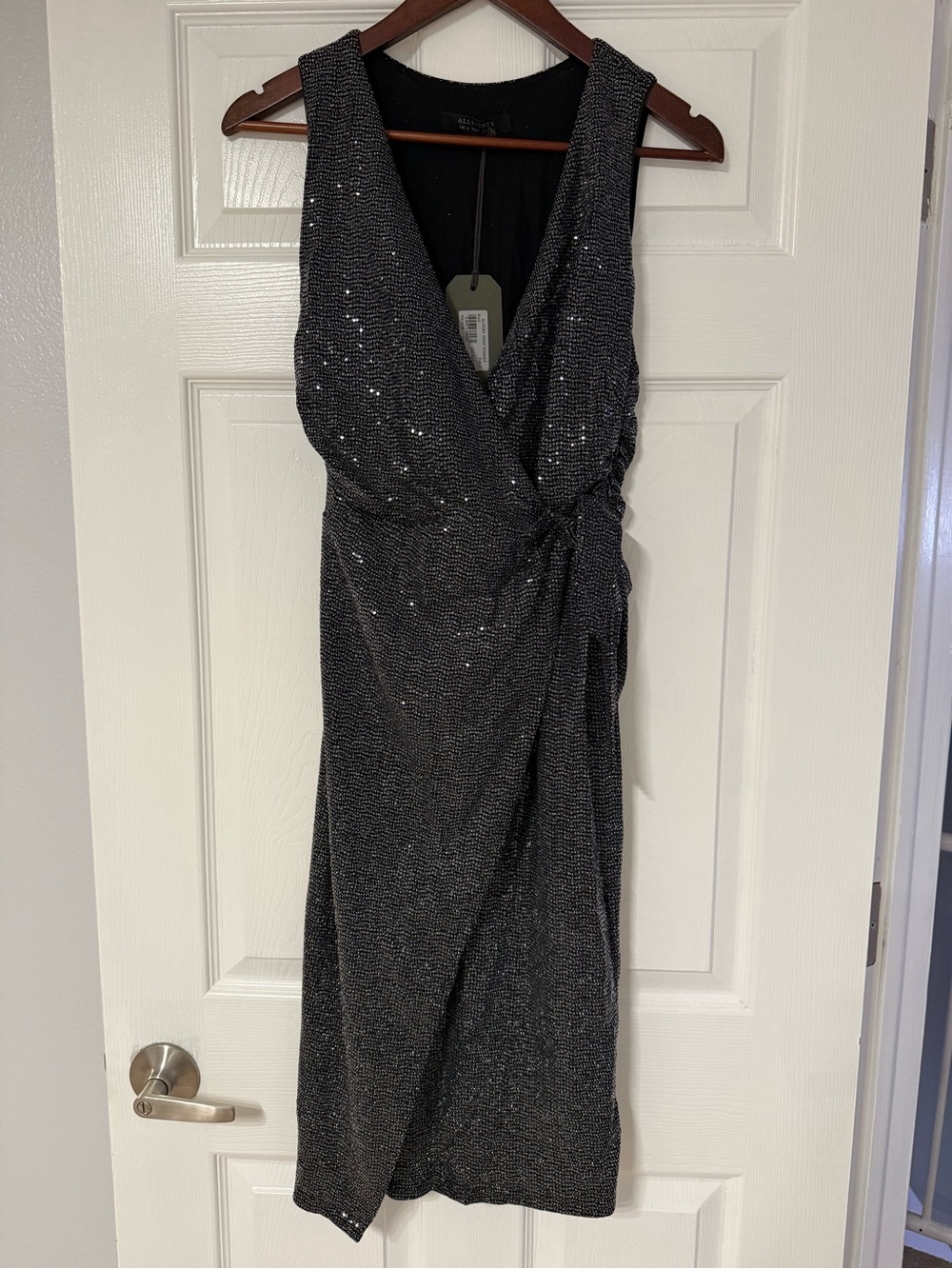 AllSaints Black Sequin Wrap Midi Dress